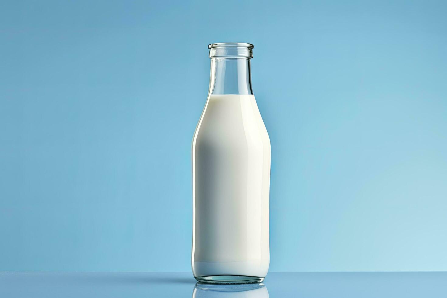 ai generiert ein Glas Flasche mit voll Milch auf Blau Hintergrund. ai generiert foto