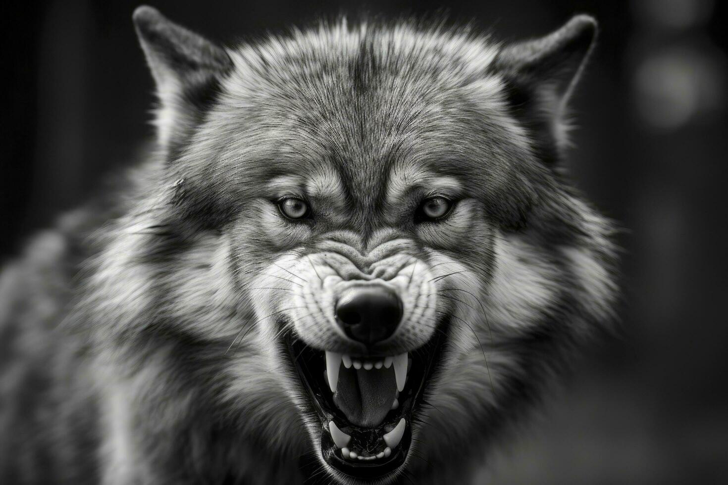 ai generiert Graustufen Nahansicht Schuss von ein wütend Wolf mit ein verschwommen Hintergrund. ai generiert foto