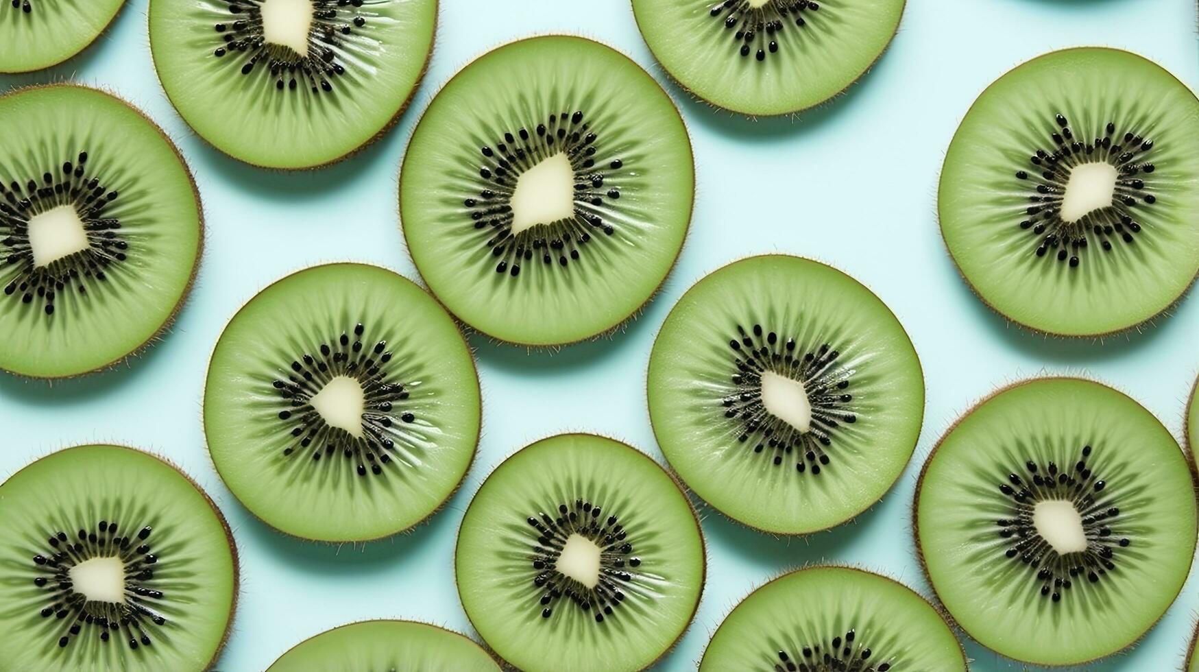 ai generiert Scheiben von Kiwi Obst und Grün Minze Blätter auf ein Licht Pastell- Blau Hintergrund. ai generiert foto