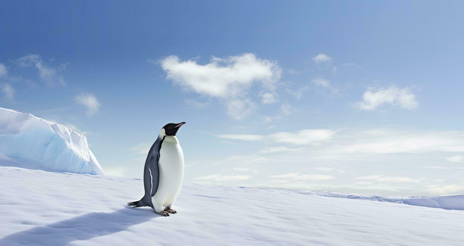 ai generiert Pinguin Stehen im Antarktis suchen in das Blau Himmel. ai generiert foto