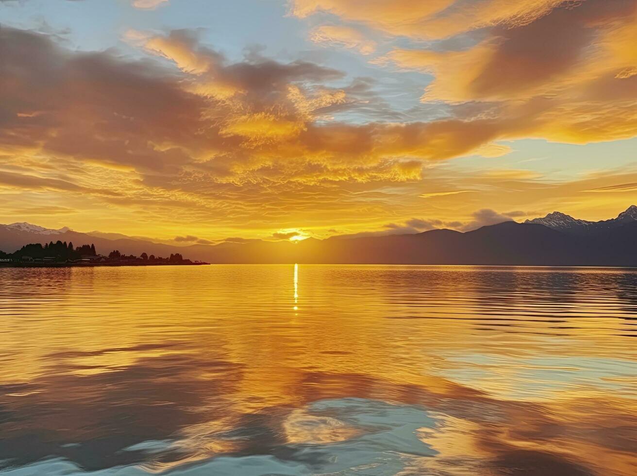 ai generiert hell Sonnenuntergang Über See golden Wolken reflektieren im das Wasser. ai generiert. foto