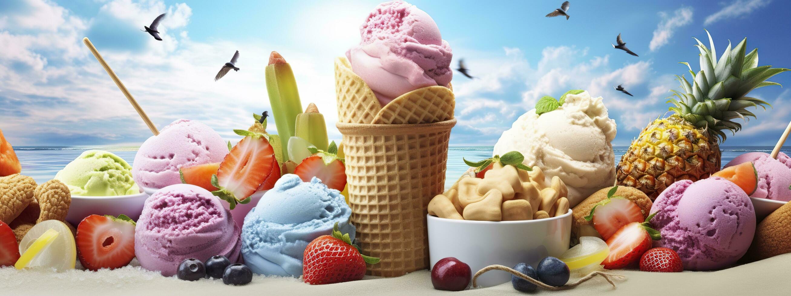 ai generiert Banner mit Eis Sahne im ein Waffel Kegel auf ein Sommer- Tag. generativ ai foto