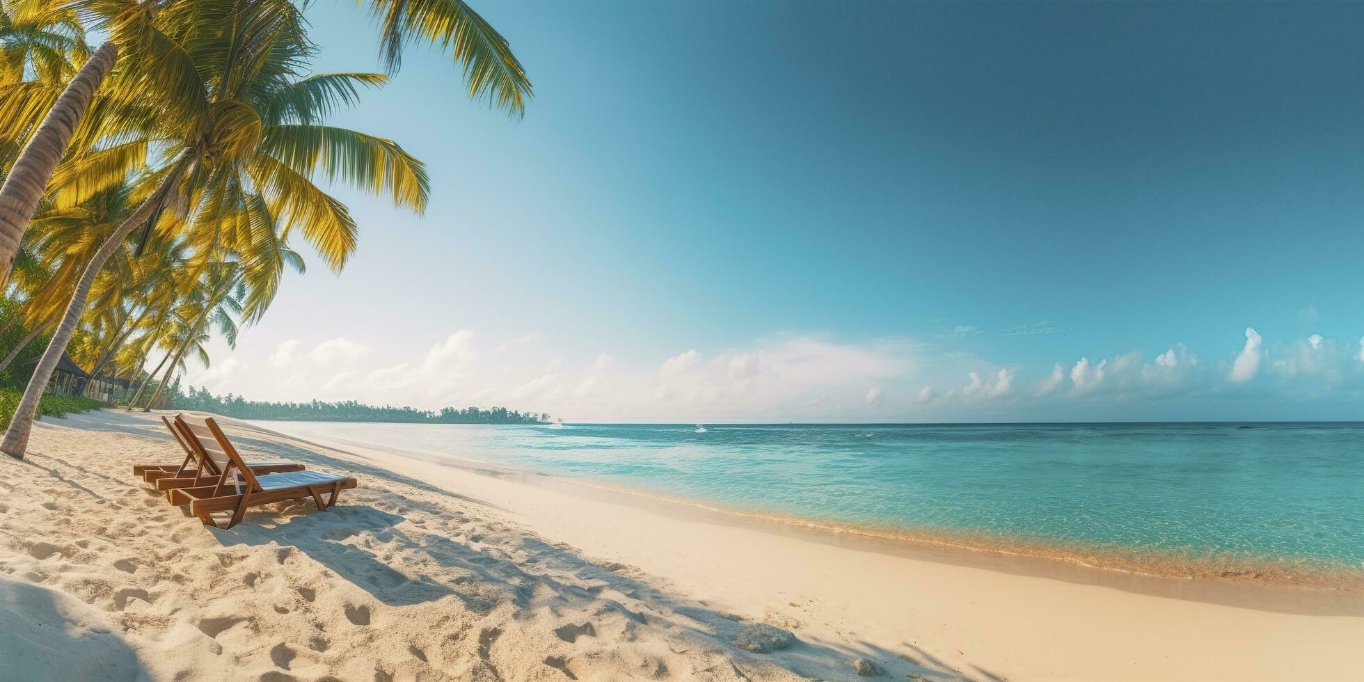 ai generiert Weiß Sand und Kokosnuss Pflanze Reise Tourismus breit Panorama Hintergrund Konzept. generativ ai foto