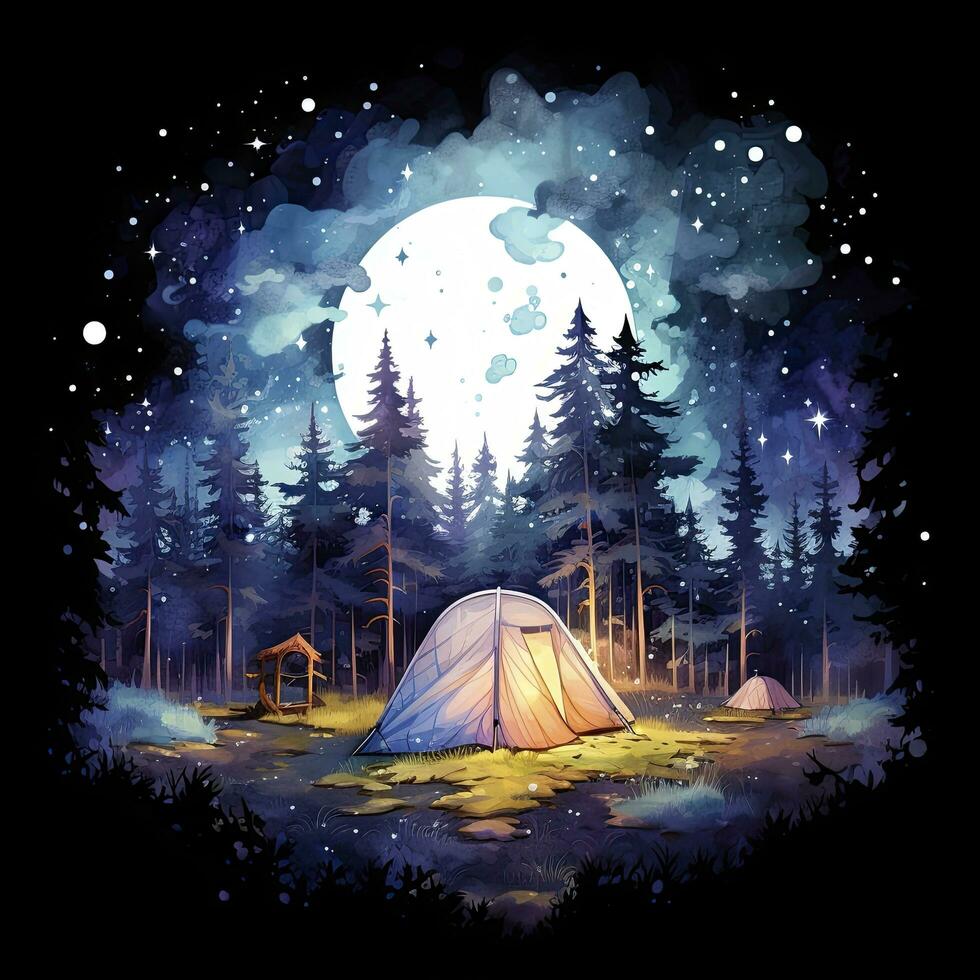 ai generiert ein Camping Zelt im das Wald mit Nacht Himmel, Aquarell zum T-Shirt Design. ai generiert foto