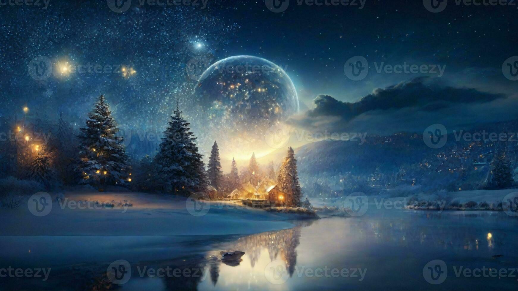 ai generiert Fantasie Winter Landschaft mit Schnee bedeckt Bäume und voll Mond. foto