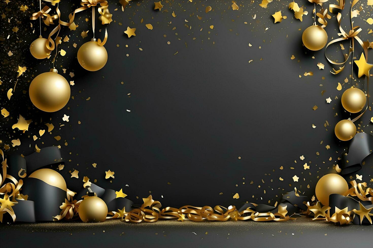 ai generiert glücklich Neu Jahr Hintergrund mit golden Sterne und Bänder, schwarz Gradient Hintergrund foto