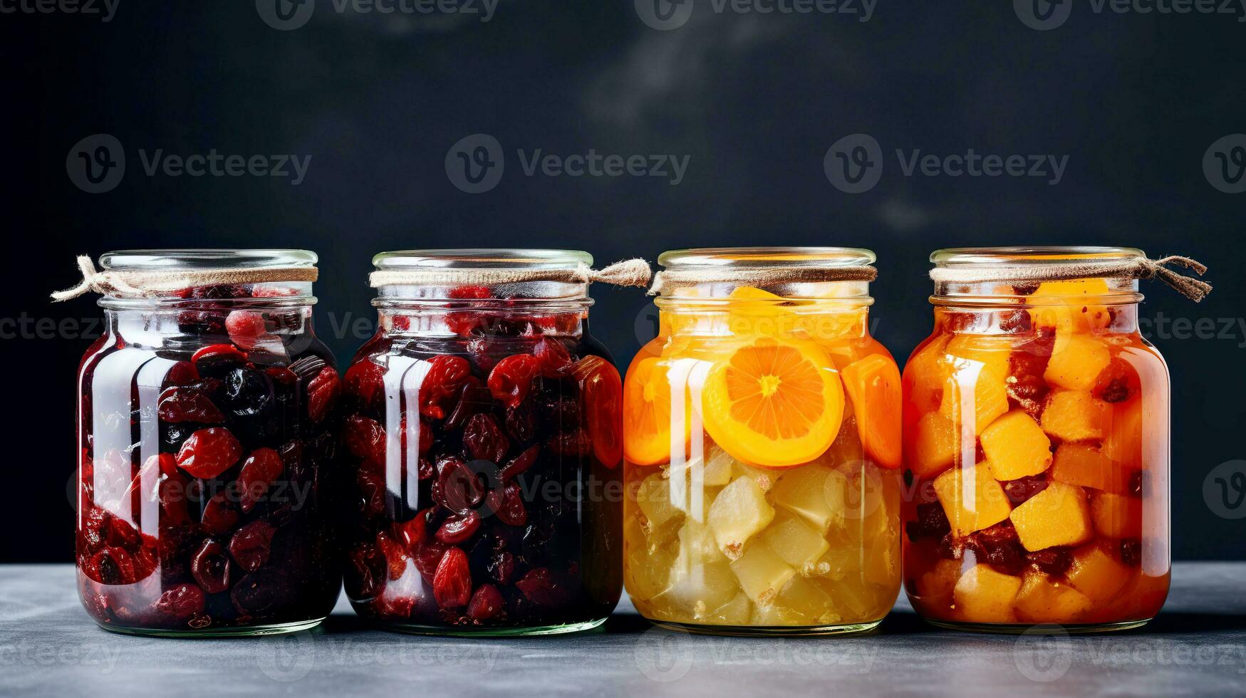 ai generiert hausgemacht Kompott im groß Glas Gläser von sortiert getrocknet Früchte. foto