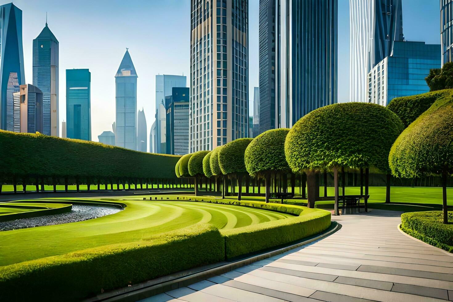 ai generiert ein Stadtbild mit ein Park und ein Gehweg foto