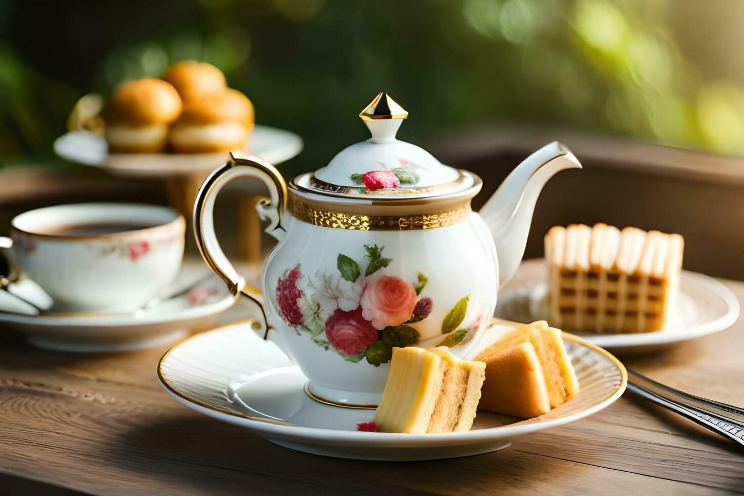 ai generiert ein Blau Teekanne und ein Erdbeere Kuchen auf ein hölzern Tabelle foto