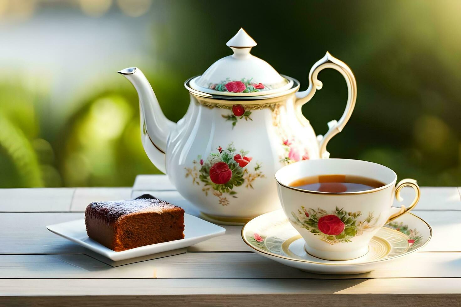 ai generiert ein Blau Teekanne und ein Erdbeere Kuchen auf ein hölzern Tabelle foto