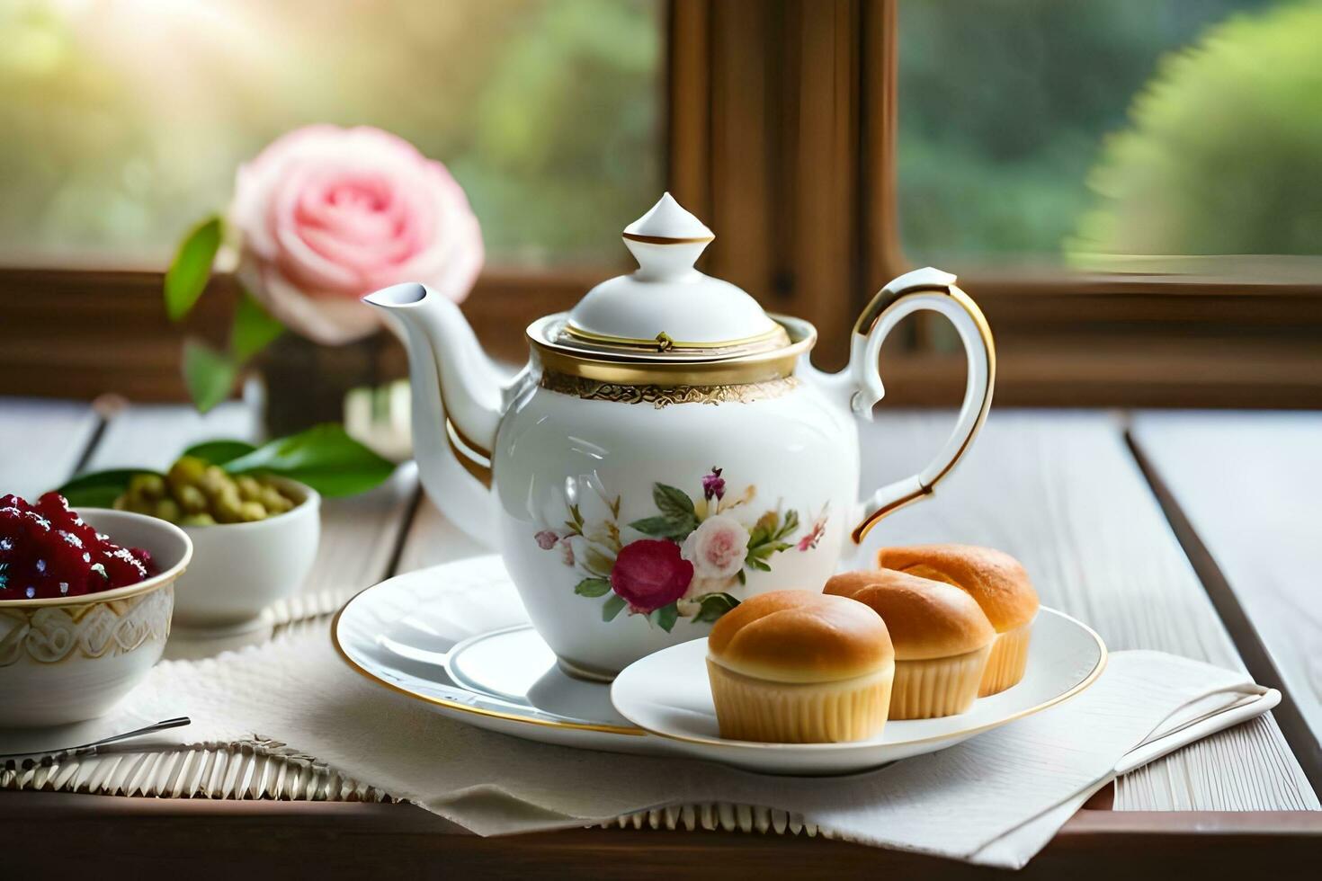 ai generiert ein Blau Teekanne und ein Erdbeere Kuchen auf ein hölzern Tabelle foto