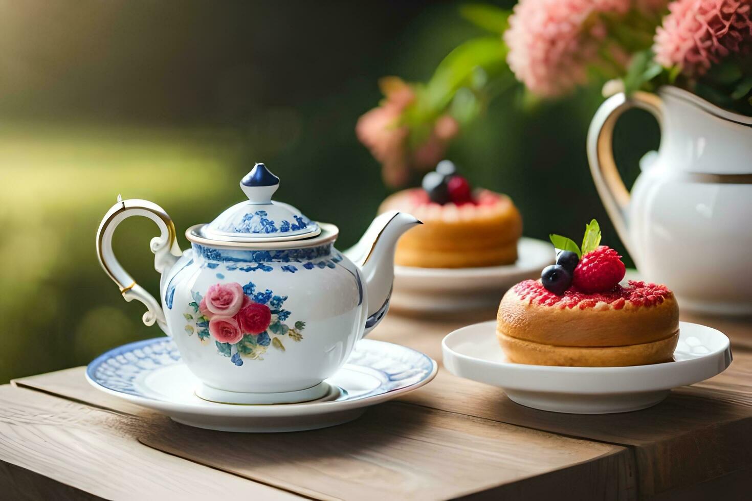 ai generiert Tee und Kekse auf hölzern Tabelle im Garten foto