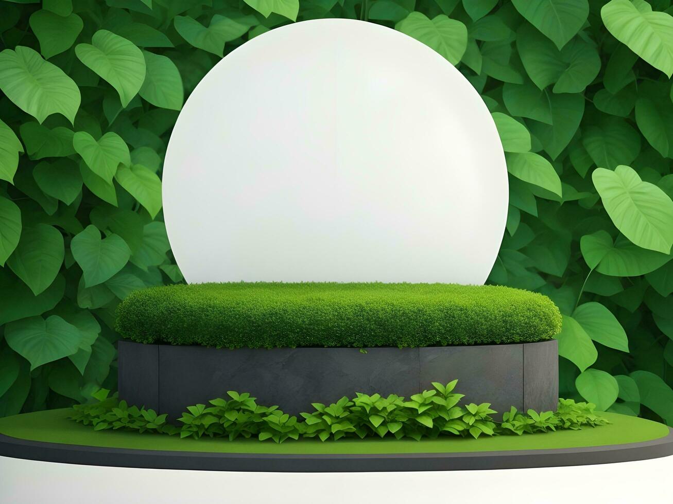 ai generiert leeren runden Stein Podium zum Produkt Anzeige auf Grün Laub Hintergrund ai generieren foto