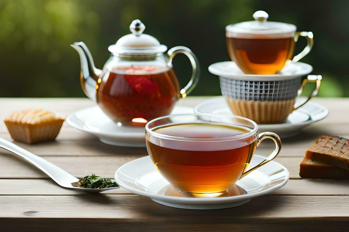 ai generiert ein Blau und Weiß China Teekanne und ein Tasse von Tee auf ein hölzern Tabelle In. KI-generiert foto