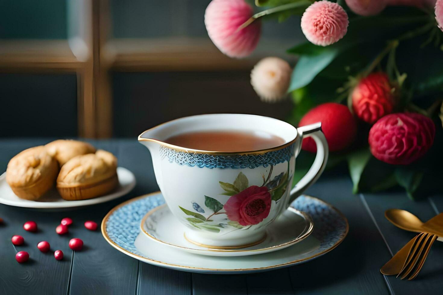 ai generiert ein Blau und Weiß China Teekanne und ein Tasse von Tee auf ein hölzern Tabelle In. KI-generiert foto