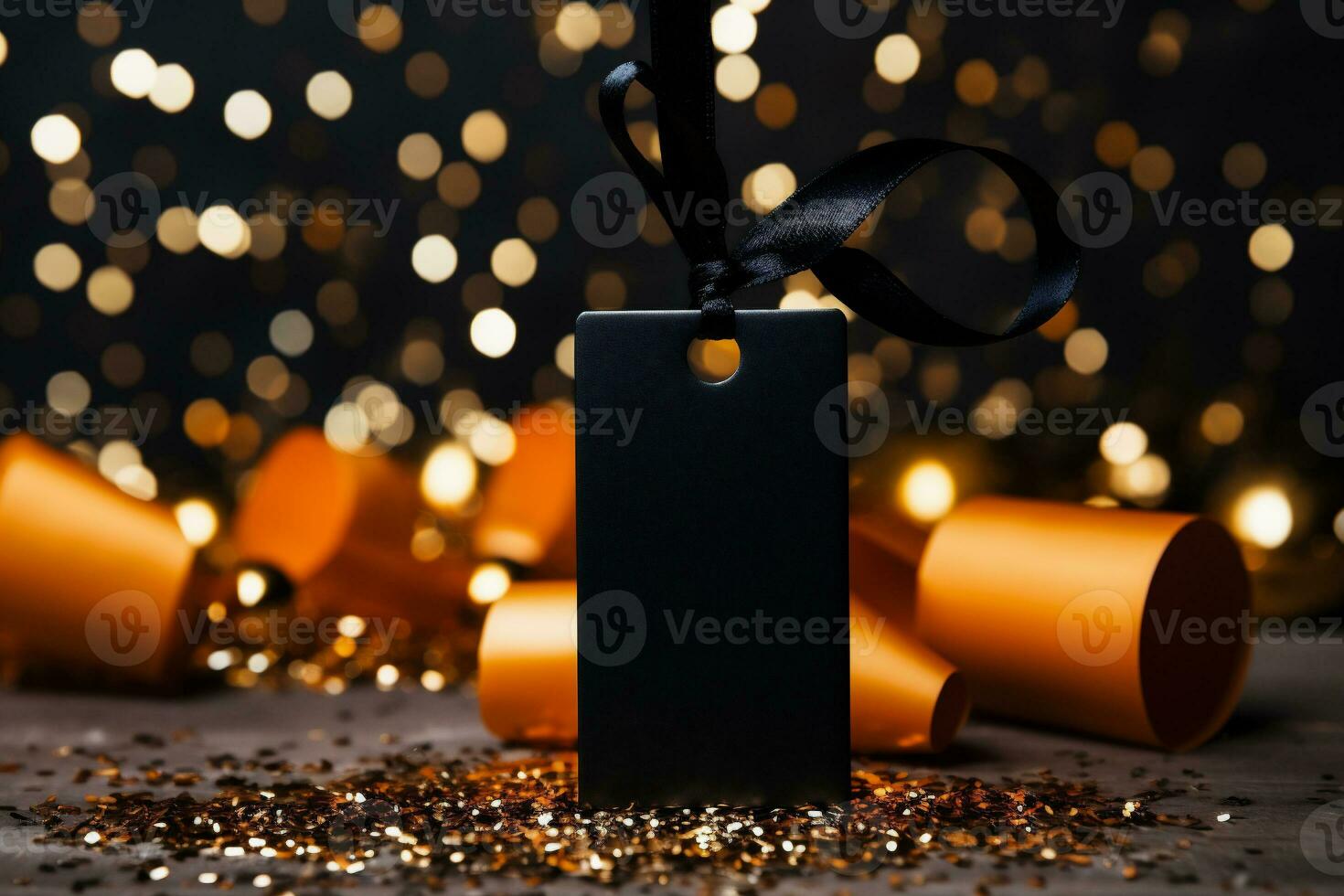 ai generiert schwarz leer Preis Etikett mit golden Konfetti auf Bokeh Hintergrund foto