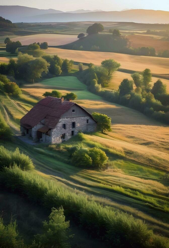 ai generiert friedlich Landschaft mit ein rustikal Haus foto