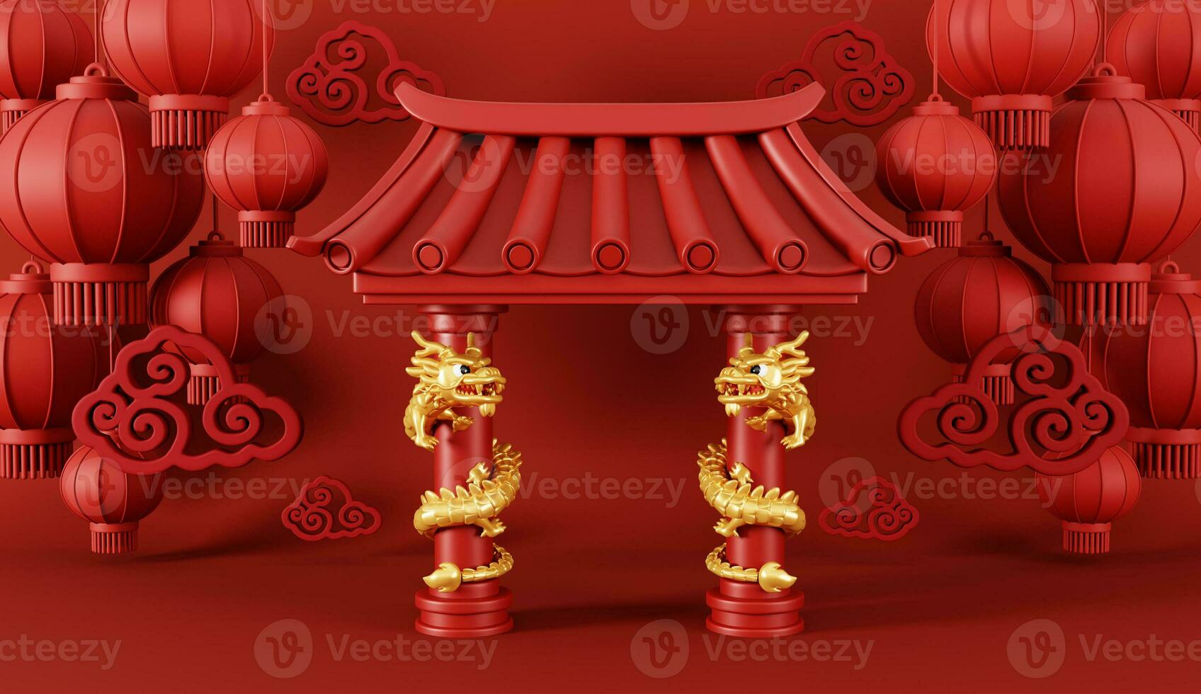 3d machen von Chinesisch Tor mit Drachen Pole und Laternen zum glücklich Chinesisch Neu Jahr 2024 auf rot Hintergrund. foto