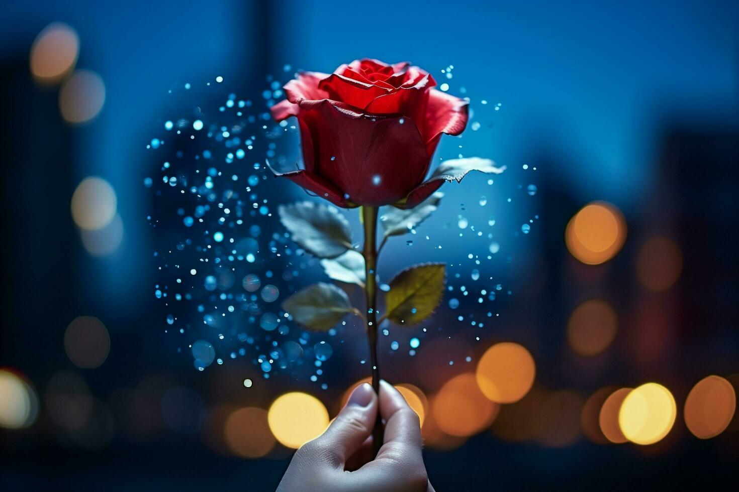 ai generiert weiblich Hand halten ein rot Rose auf das Hintergrund von das Nacht Stadt foto