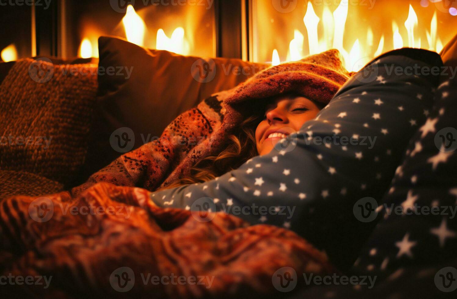 ai generiert jung Frau im warm Kleider Lügen auf ein Sofa durch das Kamin beim heim. foto
