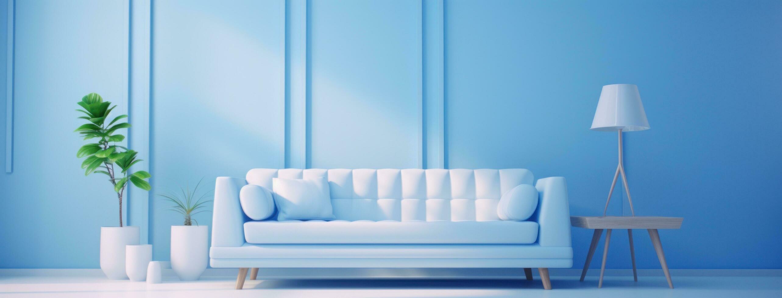 ai generiert Möbel Styling zum modern Leben Zimmer Blau Wand, Sofa, Stuhl foto