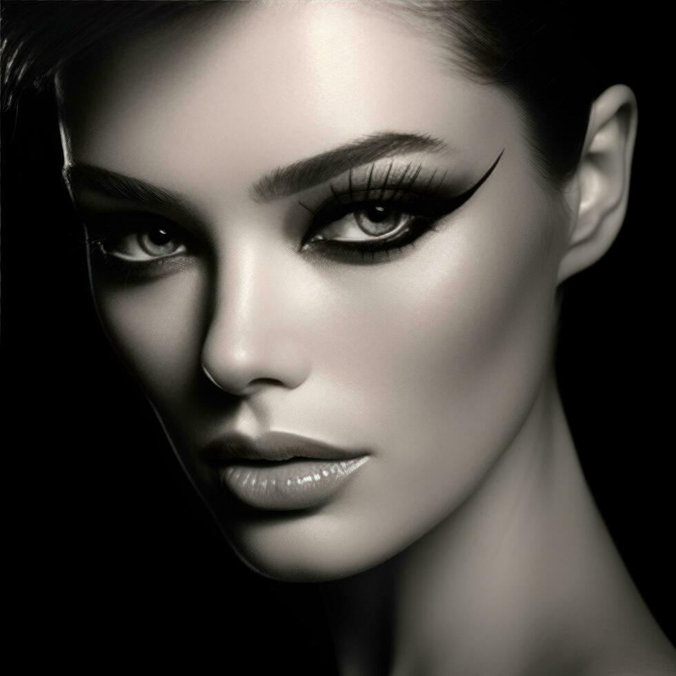 ai generiert ein schwarz und Weiß Bild von ein Modells Gesicht mit ein dramatisch geflügelt Eyeliner und lange Wimpern foto
