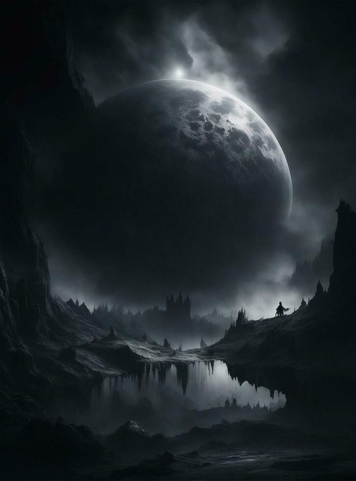 ai generiert dunkel Welt Fantasie Landschaft mit voll Mond und nebelig Himmel. foto