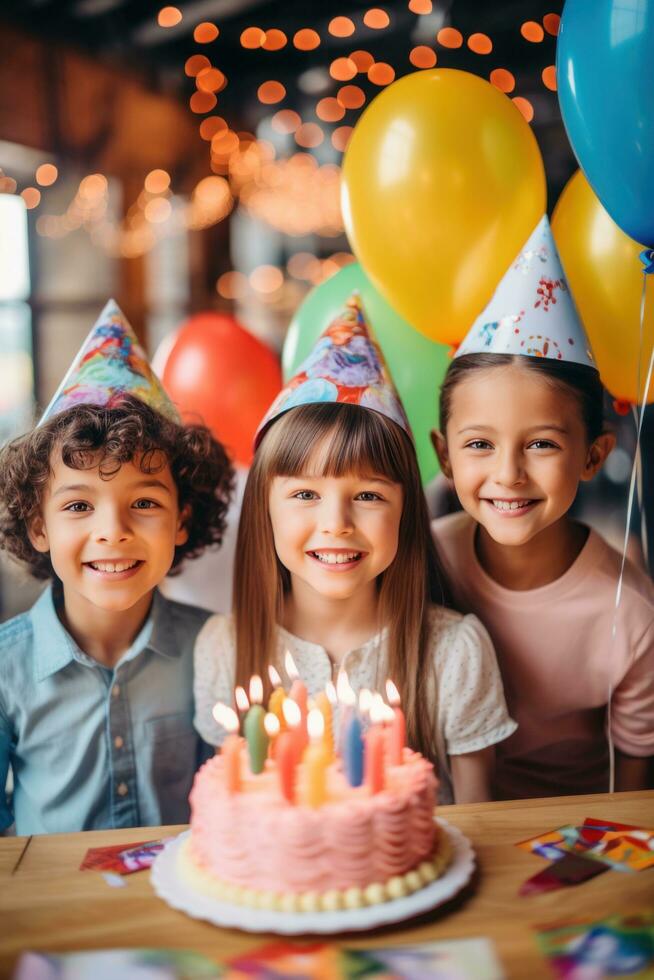 ai generiert ein Gruppe von lächelnd Kinder tragen Party Hüte und halten bunt Luftballons, mit ein Geburtstag Kuchen foto