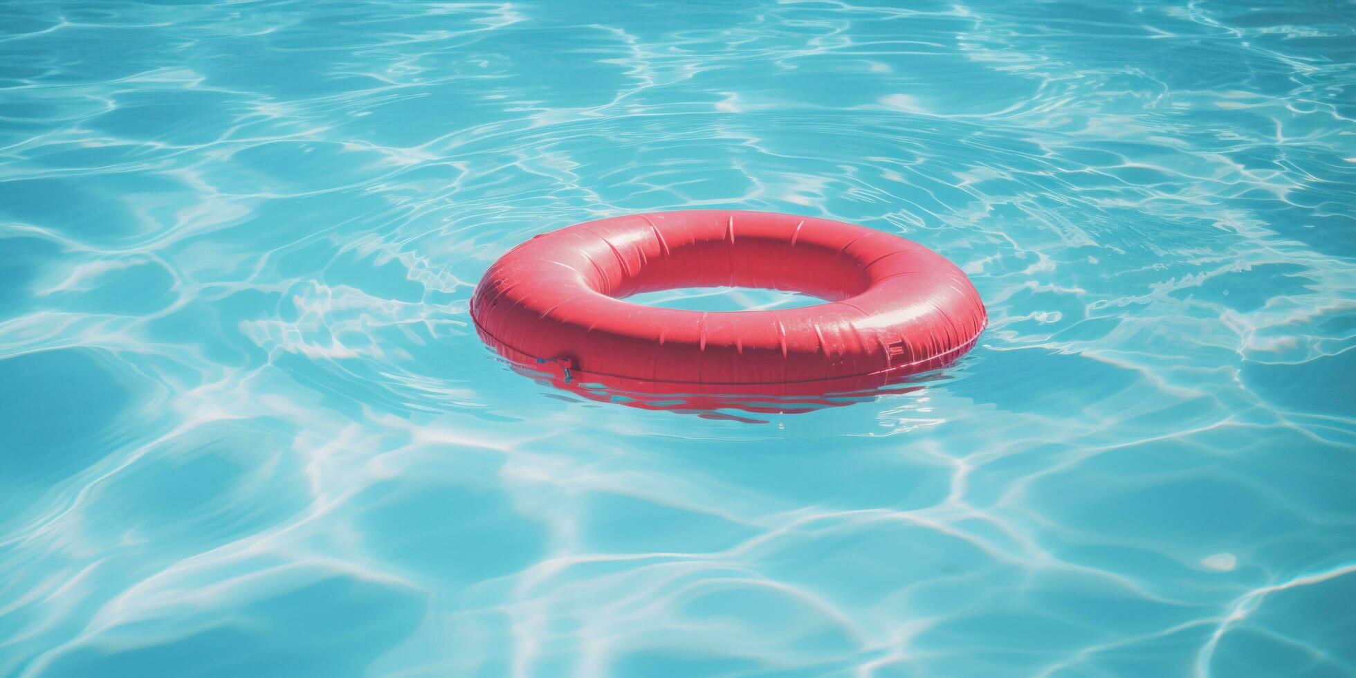 ai generiert rot aufblasbar schwimmen Ring schwebend im ein Blau Schwimmbad foto