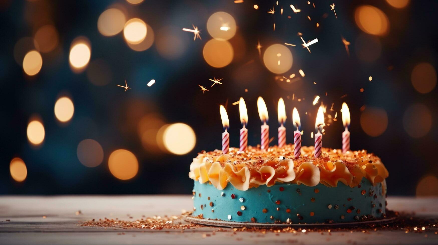 ai generiert ein Geburtstag Kuchen glühen mit Kerzen, Gießen ein warm Licht auf feierlich Umfeld foto