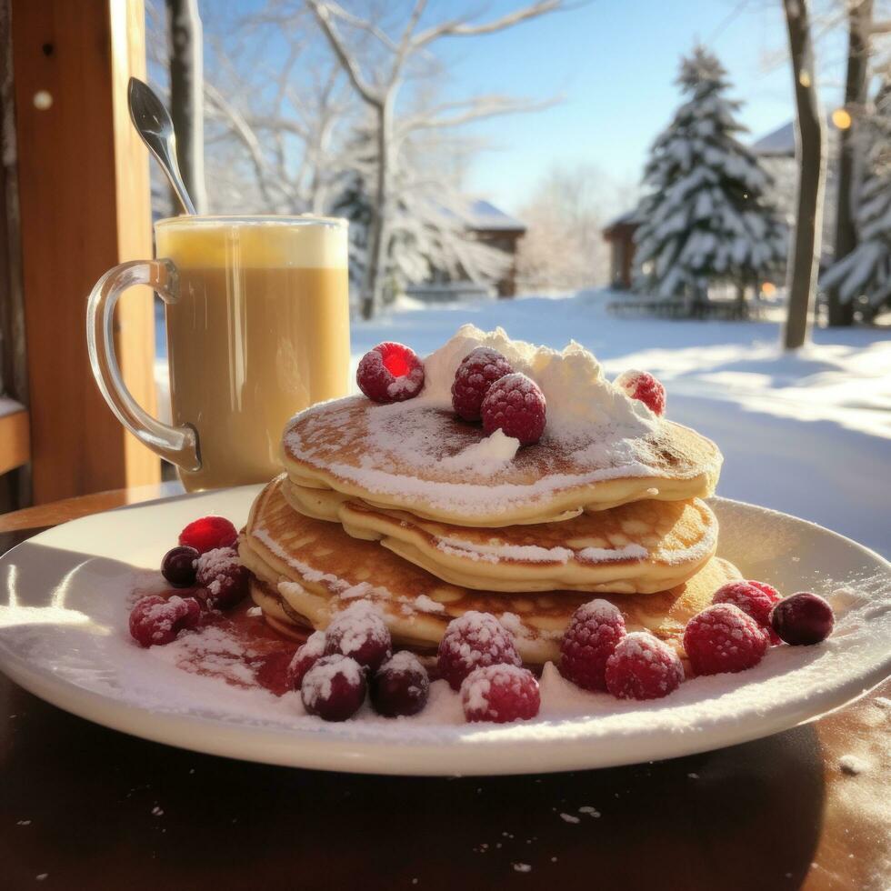 ai generiert gemütlich Wochenende Frühstück mit Pfannkuchen, Beeren, und ein Aussicht von schneebedeckt Landschaften. foto