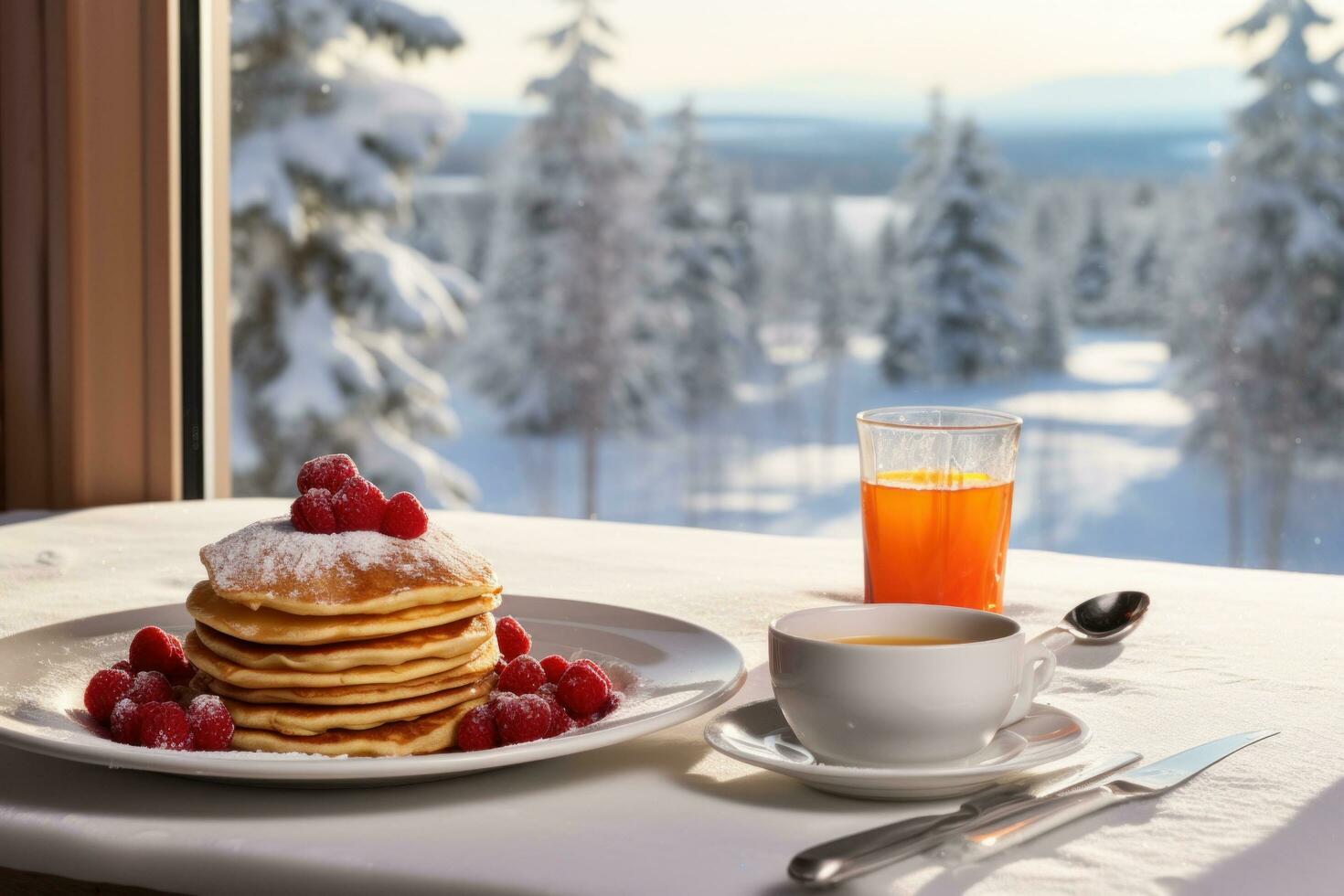 ai generiert gemütlich Wochenende Frühstück mit Pfannkuchen, Beeren, und ein Aussicht von schneebedeckt Landschaften. foto