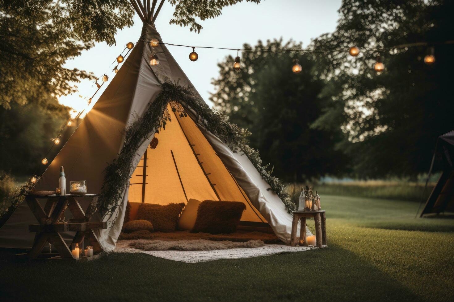 ai generiert ein Tipi Zelt Sitzung auf Gras gefüllt mit Baum Geäst foto