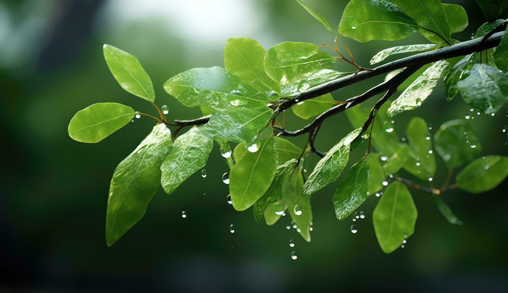 ai generiert ein Bild von ein Baum mit Regen Tropfen und Grün Blätter foto