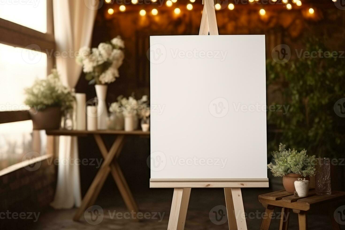 ai generiert hölzern leer Weiß Staffelei Attrappe, Lehrmodell, Simulation. Tafel zum Hochzeit Inschrift. generativ ai foto