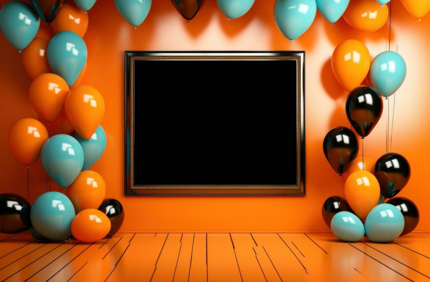 ai generiert leeren schwarz Rahmen mit Luftballons auf das Orange Hintergrund Banner foto