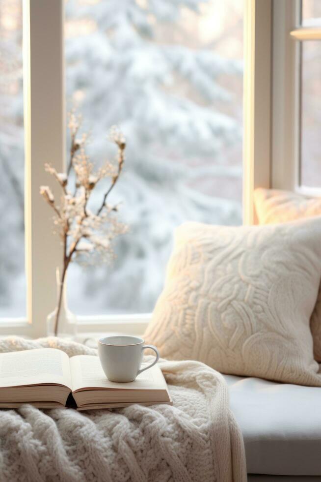 ai generiert Winter ästhetisch Morgen, warm strickt, Buch, und ein Fenster Aussicht von schneebedeckt Landschaften foto