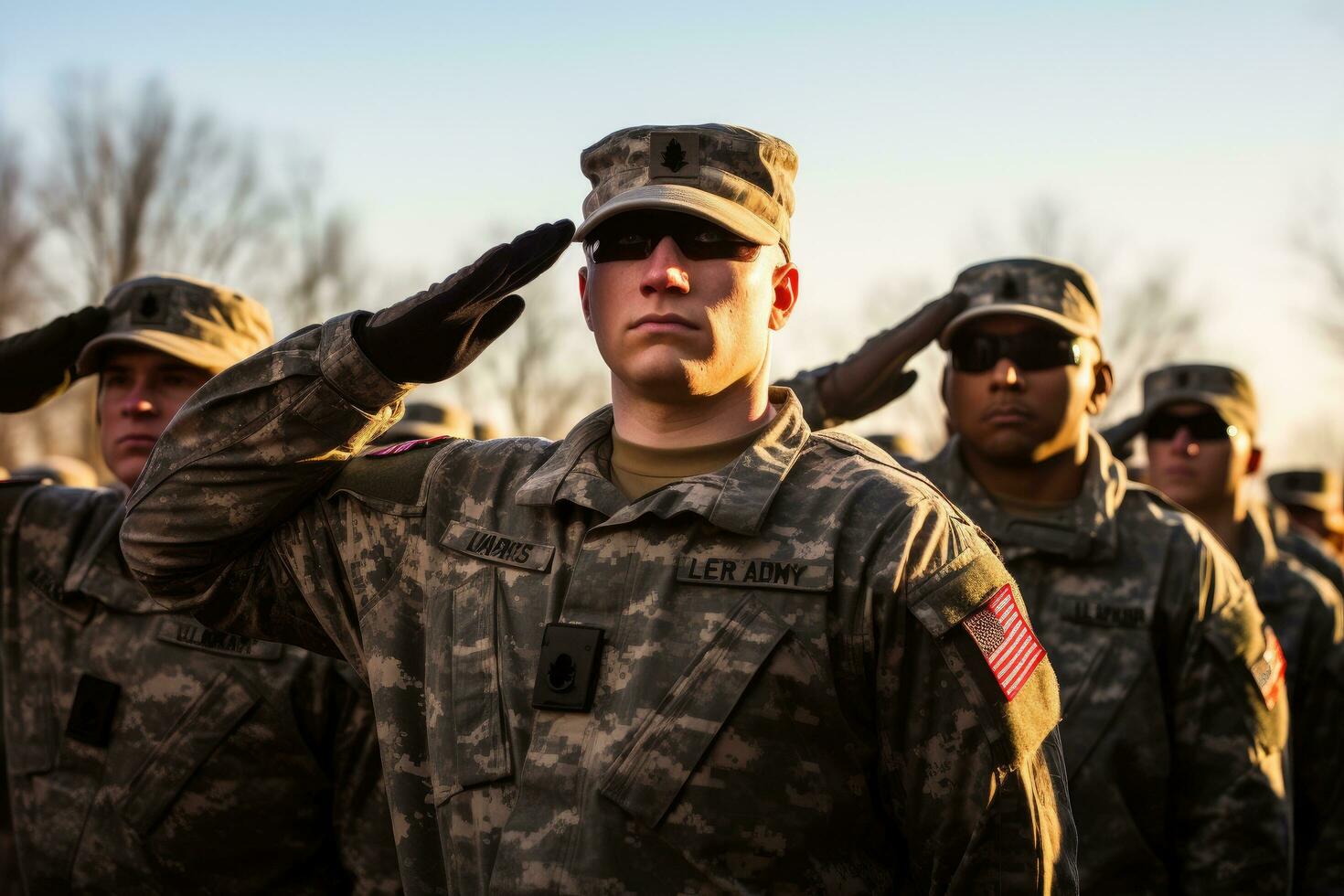 ai generiert Militär- Mann salutieren mit amerikanisch Flagge. Heer Tag. Militär- Tag, vereinigt Zustände von Amerika. Militär- Soldat, amerikanisch Soldaten Stehen im Formation und salutieren, ai generiert foto