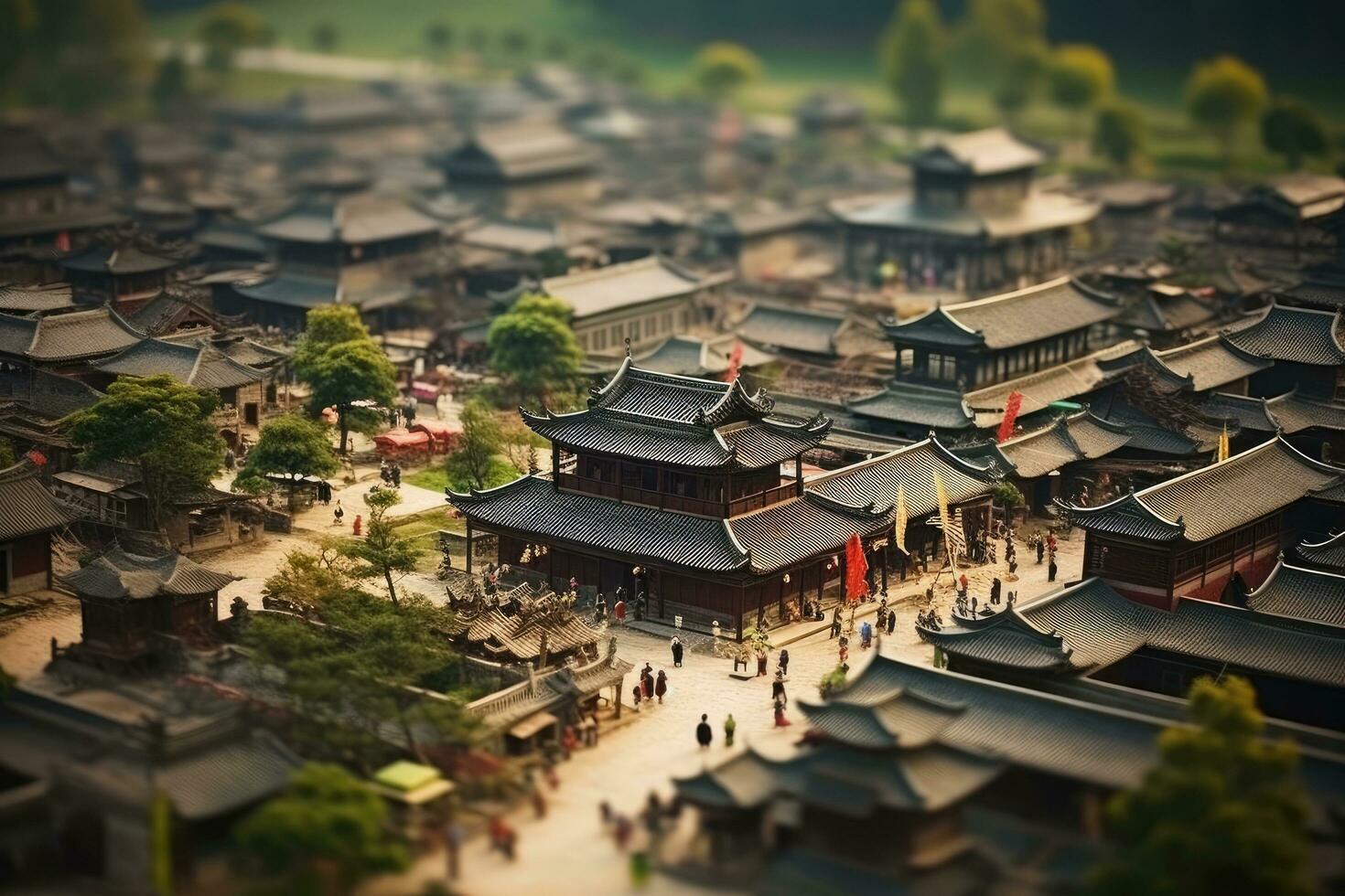 ai generiert das alt Stadt, Dorf von das Stadt, nach Rückkehr von ein 6 Wochen Besuch zu China, ich dachte ich würde Versuchen diese aus,, Tilt-Shift Foto von ein uralt Chinesisch Dorf, ai generiert