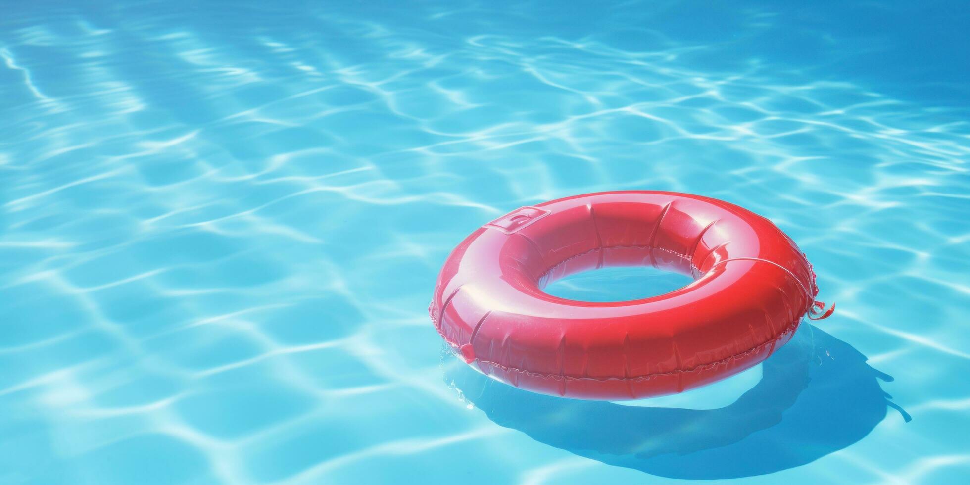 ai generiert rot aufblasbar schwimmen Ring schwebend im ein Blau Schwimmbad foto