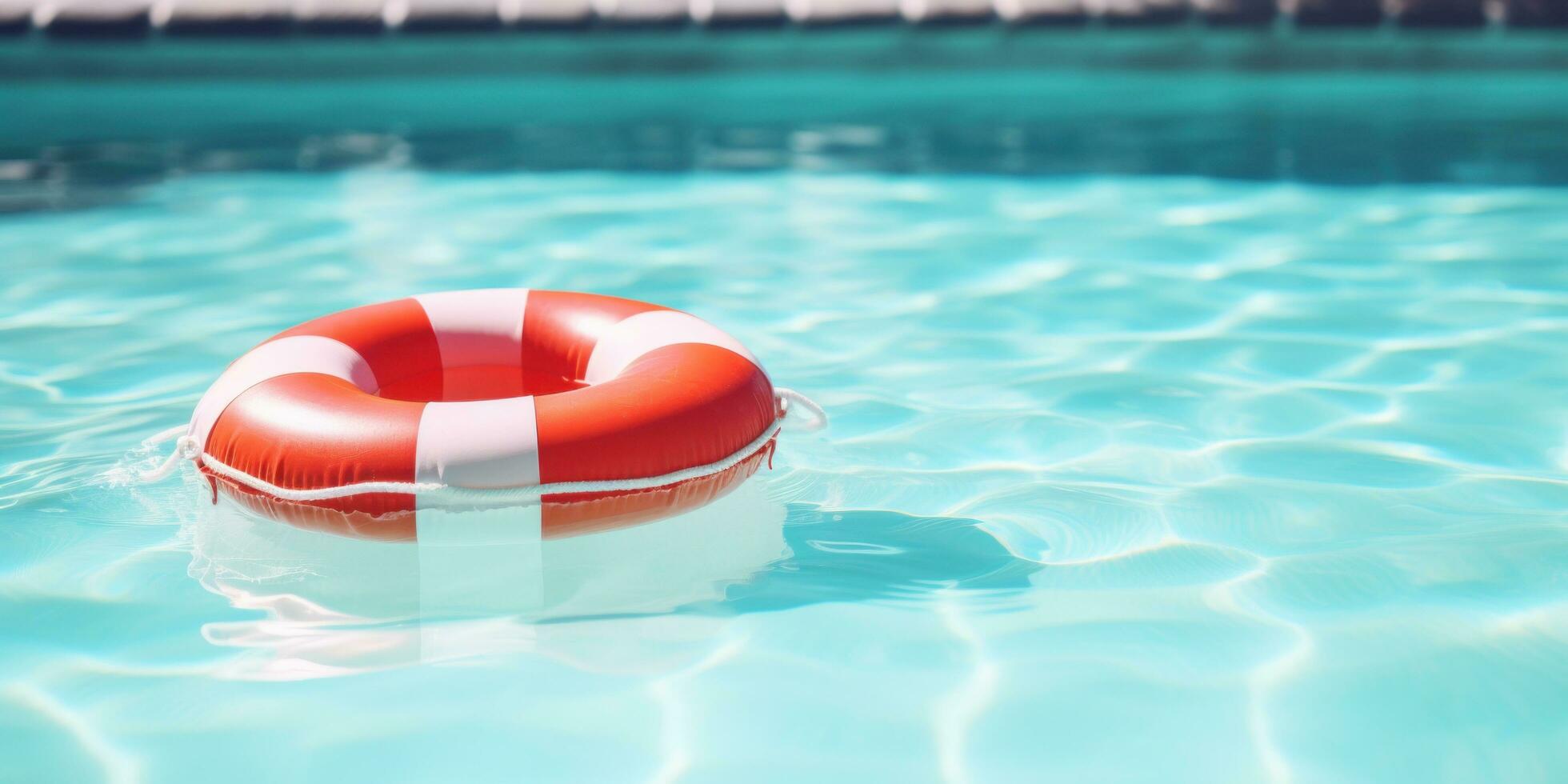 ai generiert rot aufblasbar schwimmen Ring schwebend im ein Blau Schwimmbad foto