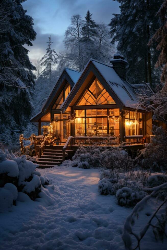 ai generiert gemütlich Winter ästhetisch mit ein warm glühen, schneebedeckt Kiefern, und still Gelassenheit foto