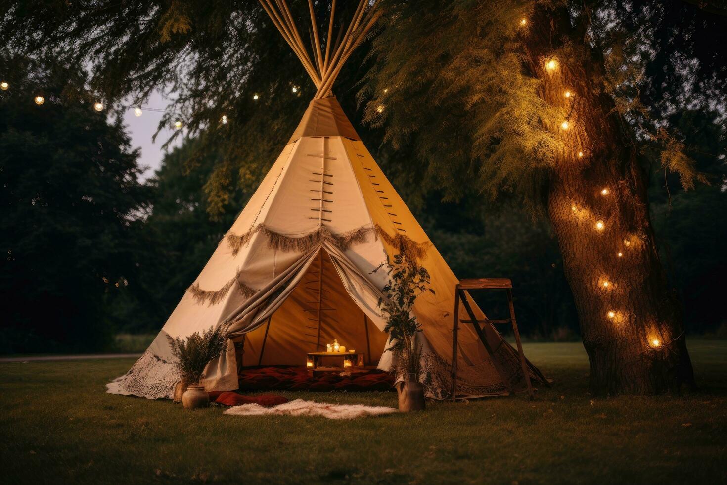 ai generiert ein Tipi Zelt Sitzung auf Gras gefüllt mit Baum Geäst foto