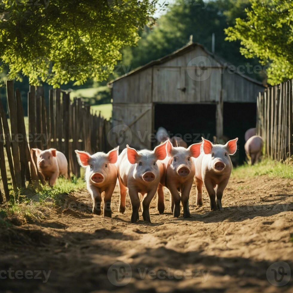 ai generiert Schweinchen Paradies ein rustikal Tapisserie von Bauernhof Leben foto