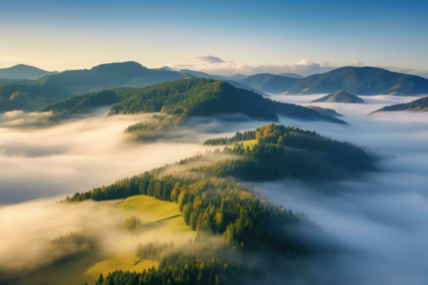 ai generiert Berge im Wolken beim Sonnenaufgang im Sommer- Antenne Aussicht von Berg Gipfel mit Nebel foto