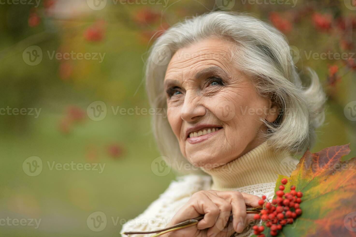 glücklich Senior Frau im das Herbst Park foto