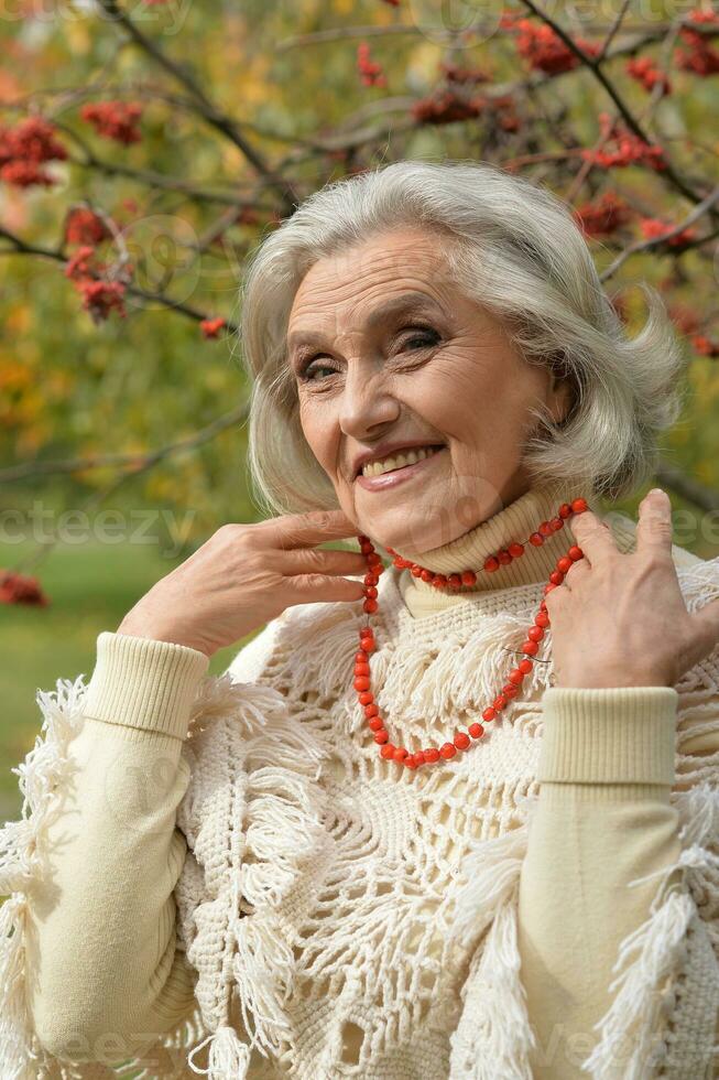 glücklich Senior Frau im das Herbst Park foto