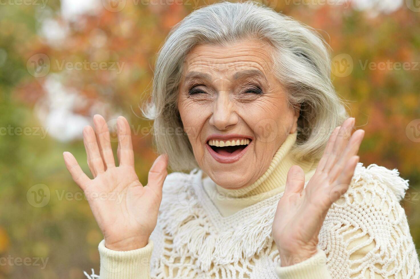 glücklich Senior Frau im das Herbst Park foto