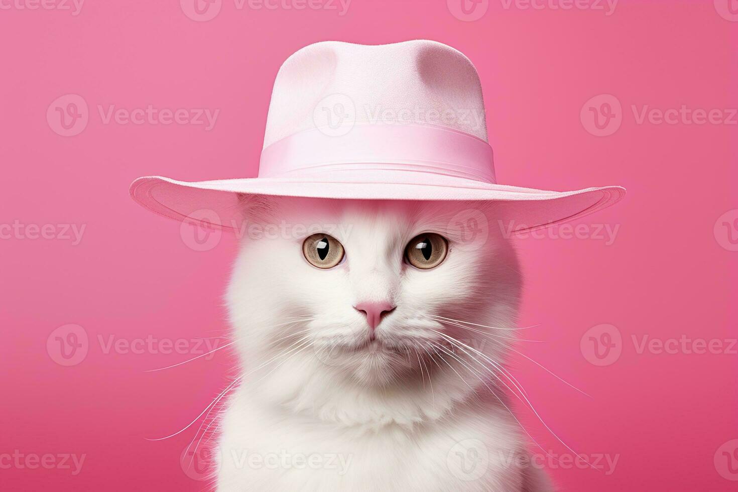 ai generiert Weiß Katze im ein Licht Rosa Hut auf ein lebendig Rosa Hintergrund foto