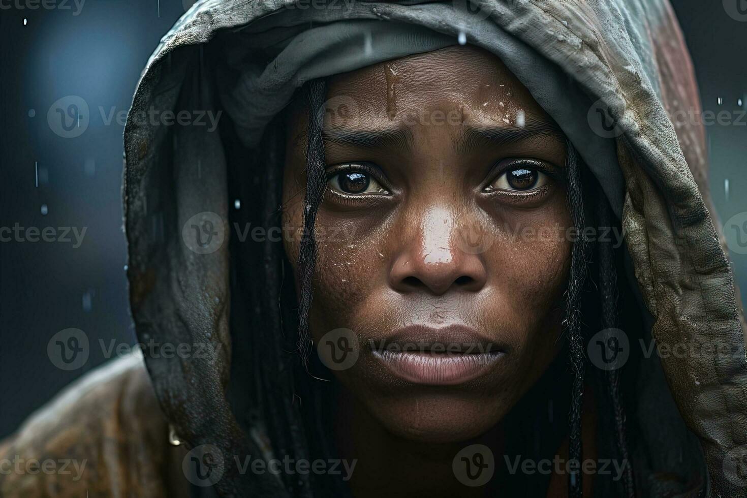 ai generiert Porträt von traurig afrikanisch amerikanisch obdachlos Frau im das Regen foto